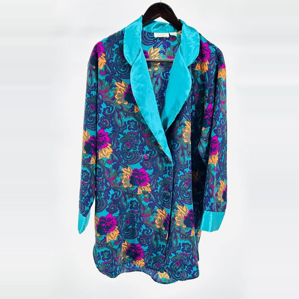 Vintage 90s Victoria's Secret Teal Floral Satin Lapel Sleepwear Robe